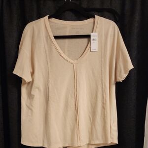 American Eagle Casual Cream V-Neck Top